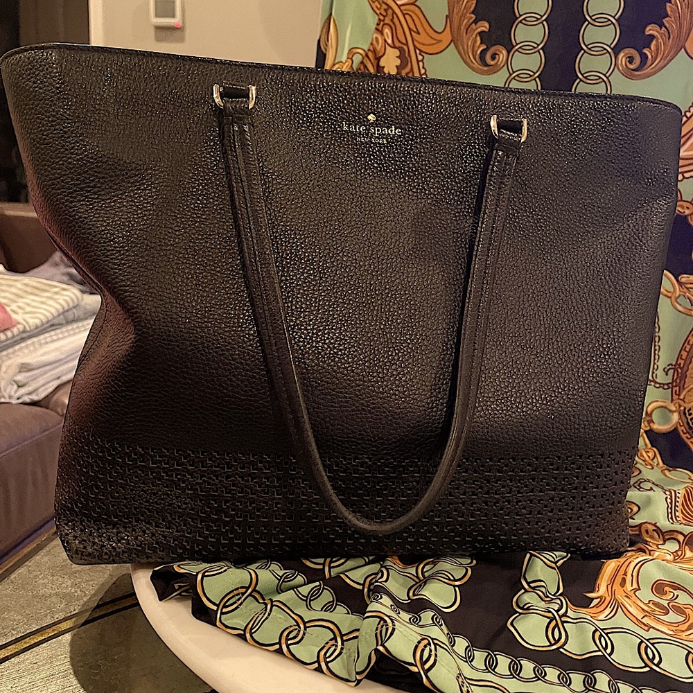 Kate Spade Black Leather Tote w/ Perforated Trim at Bottom